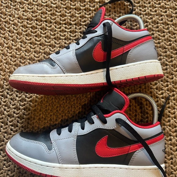Nike Kids Black and Gray Air Jordans with Red Accents - Picture 2 of 6